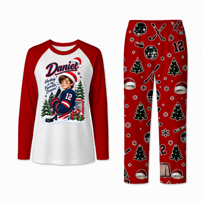 Personalized Hockey Christmas Matching Family Pajamas With Pet, Custom Photo Name & Number