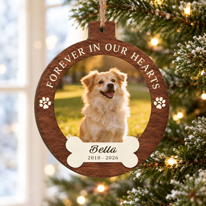Your Pawprints Stay Forever - Personalized Wooden Ornament, Custom Pet Photo Memorial Christmas Ornament