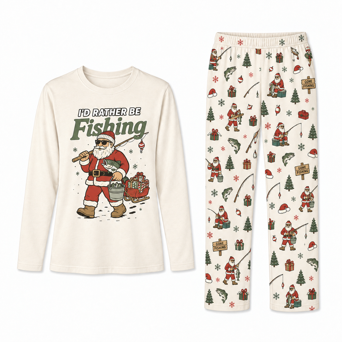 Funny Fishing Santa I'd Rather Be Fishing Matching Family Christmas Pajamas