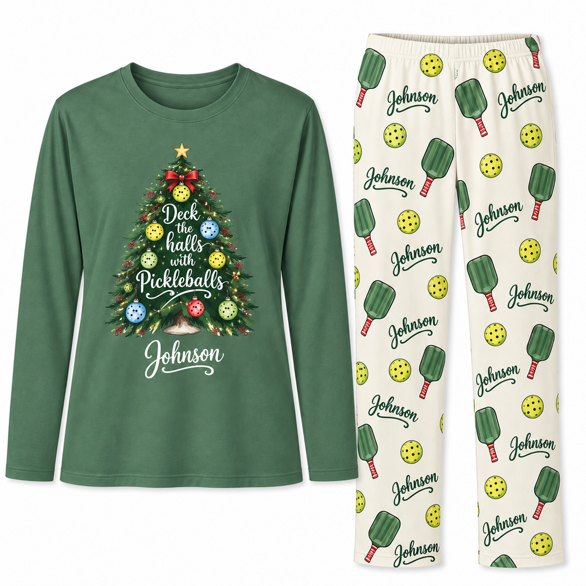 Personalized Family Name Festive Pickleball Christmas Tree Matching Family Christmas Pajamas