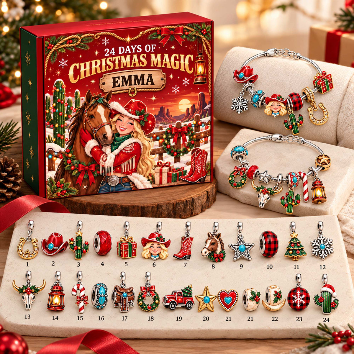 Personalized Cowgirl Western Christmas 24 Days Advent Calendar Bracelet Set With 24 Charms