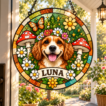 Personalized Hippie Pet Portrait Stained Glass Suncatcher – Custom Pet Name, Groovy Floral Peace Sign Window Hanging Gift