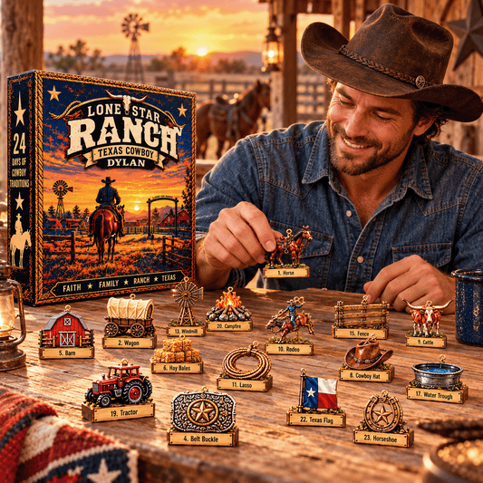 Personalized Texas Cowboy Advent Calendar 2026 – 24 Western Ranch Acrylic Ornaments, Custom Name Christmas Gift