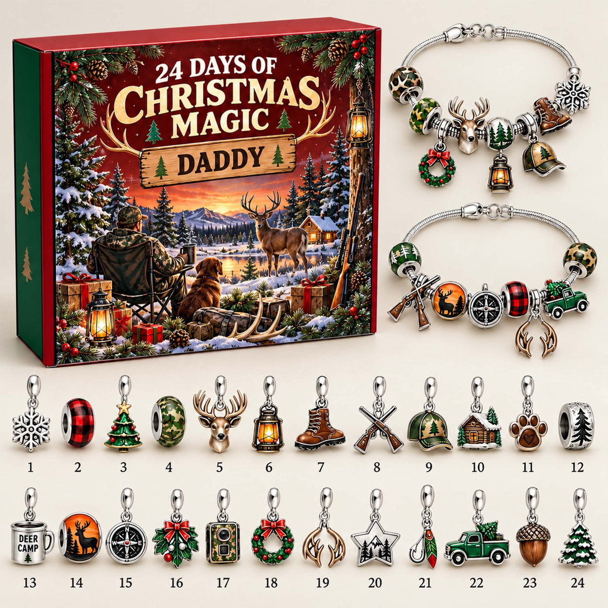 Personalized Hunting Deer Christmas 24 Days Advent Calendar Bracelet Set With 24 Charms