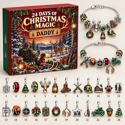 Personalized Hunting Deer Christmas 24 Days Advent Calendar Bracelet Set With 24 Charms
