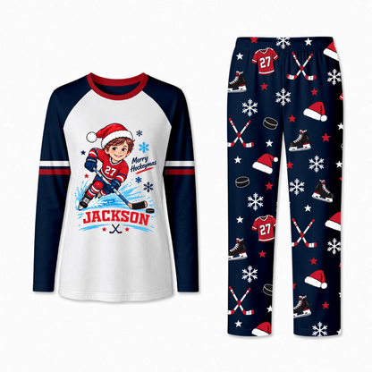 Personalized Hockey Christmas Custom Name And Number Family Matching Pajamas