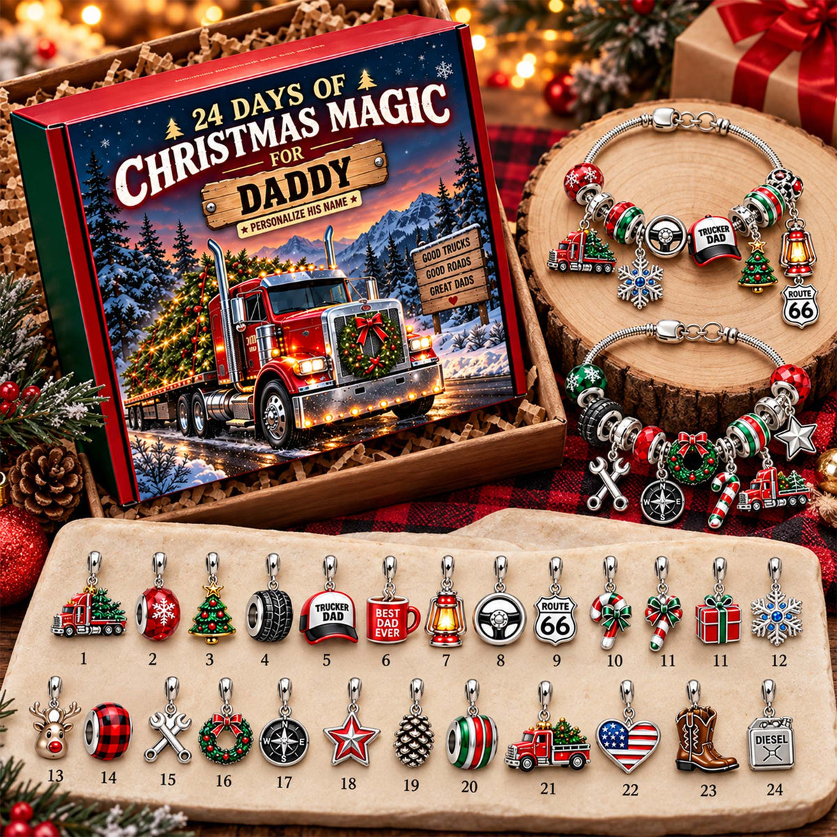 Personalized Trucker Dad Christmas 24 Days Advent Calendar Bracelet Set With 24 Charms