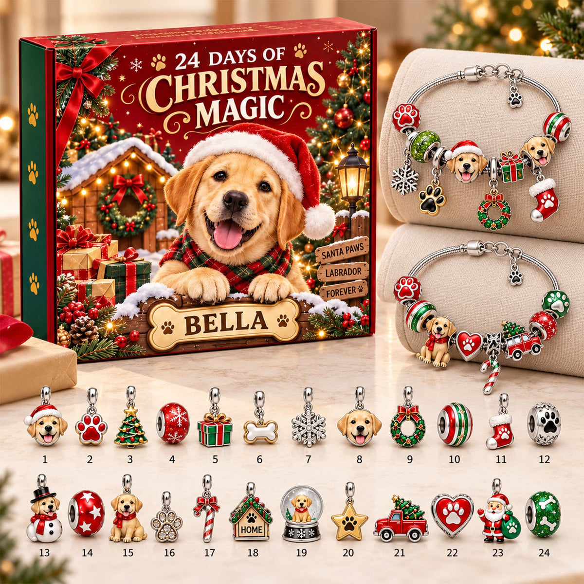 Personalized Labrador Retriever 24 Days Christmas Advent Calendar Bracelet Set With 24 Charms