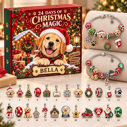 Personalized Labrador Retriever 24 Days Christmas Advent Calendar Bracelet Set With 24 Charms