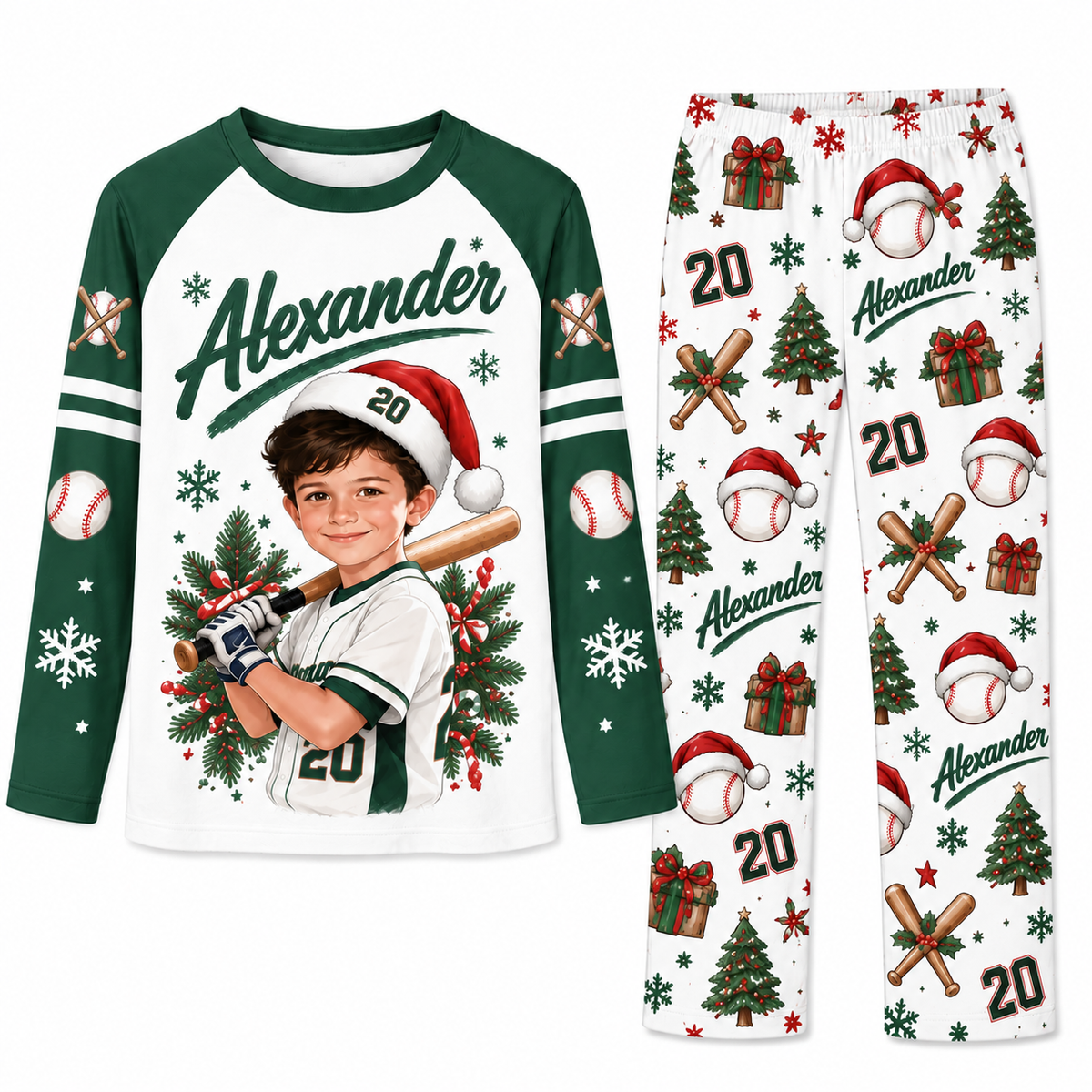 Custom Photo Baseball Player Santa Hat Matching Family Christmas Pajamas