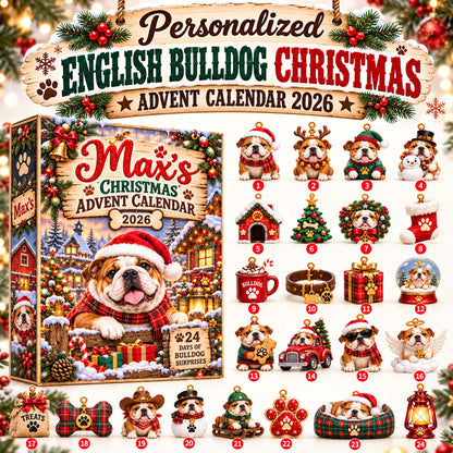 Personalized English Bulldog Christmas Advent Calendar 2026 – 24 Bulldog Ornaments