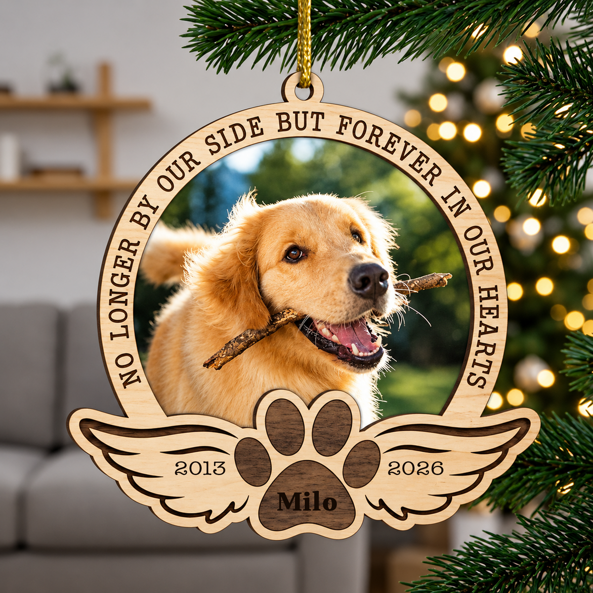 Personalized Pet Memorial Photo Ornament With Custom Name & Dates, Forever In Our Hearts Christmas Keepsake