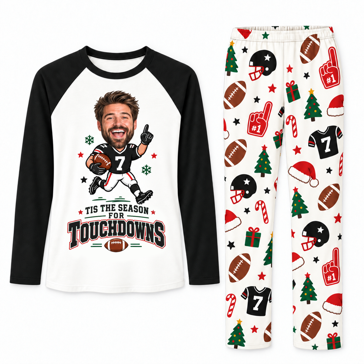 Funny Custom Face Football Tis The Season For Touchdowns Matching Christmas Pajamas