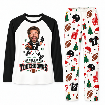 Funny Custom Face Football Tis The Season For Touchdowns Matching Christmas Pajamas