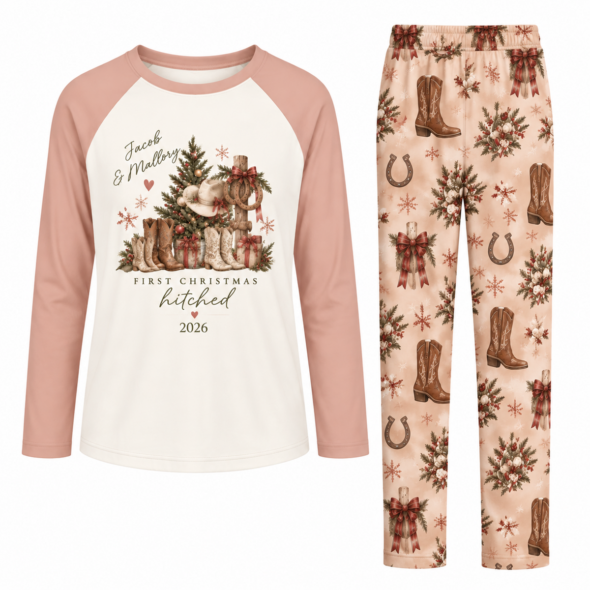 Personalized First Christmas Married Western Cowboy Couple Matching Pajamas