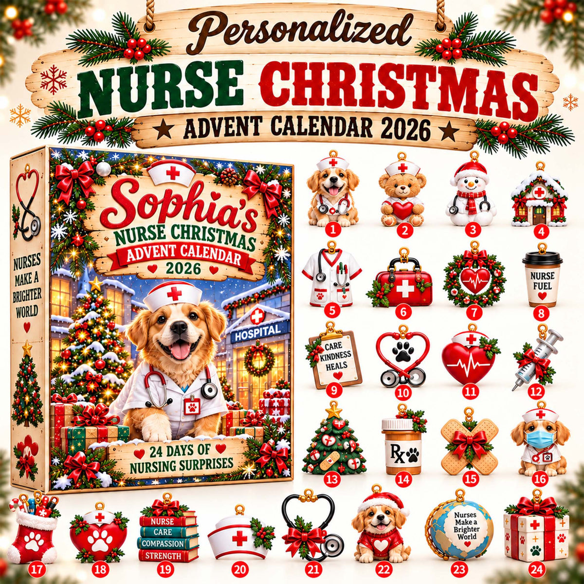 Personalized Nurse Christmas Advent Calendar 2026 – 24 Days of Nursing-Themed Collectible Ornaments for Nurses