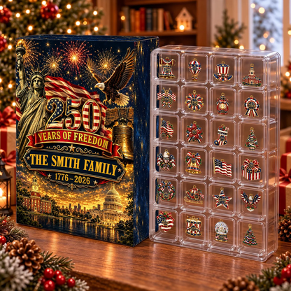 Personalized 250 Years Of Freedom Advent Calendar With Custom Family Name, 24 Patriotic Christmas Ornaments