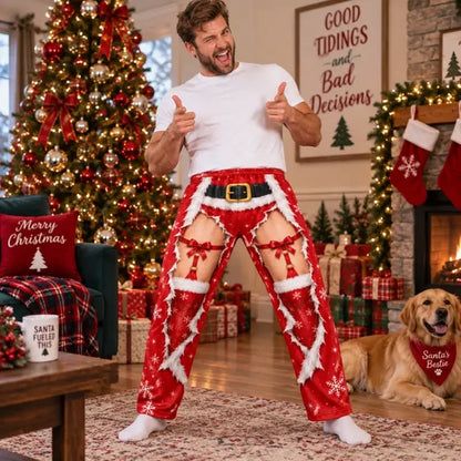 Funny Christmas Faux Ripped Pajama Pants – Santa Bow Illusion Print