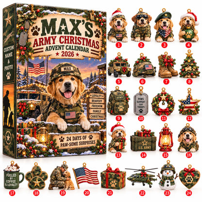 Personalized Military Dog Christmas Advent Calendar 2026 – 24 Patriotic Dog Ornaments