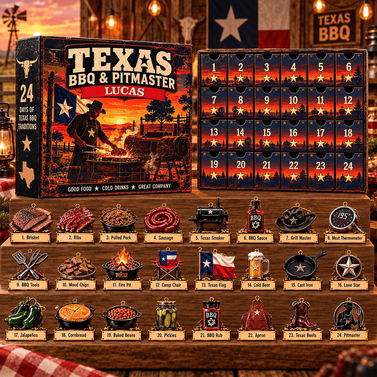 Personalized Texas BBQ Advent Calendar 2026 – 24 BBQ & Pitmaster Acrylic Ornaments, Custom Name Christmas Gift