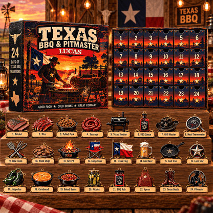 Personalized Texas BBQ Advent Calendar 2026 – 24 BBQ & Pitmaster Acrylic Ornaments, Custom Name Christmas Gift