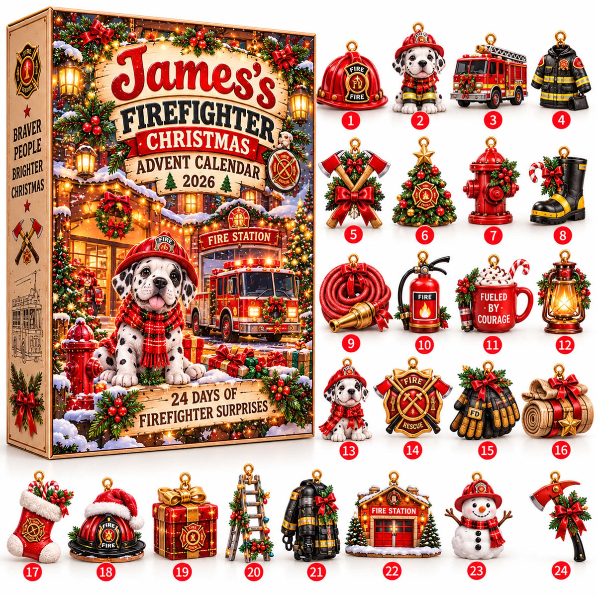 Personalized Firefighter Christmas Advent Calendar 2026 – 24 Days of Firefighter-Themed Collectible Ornaments