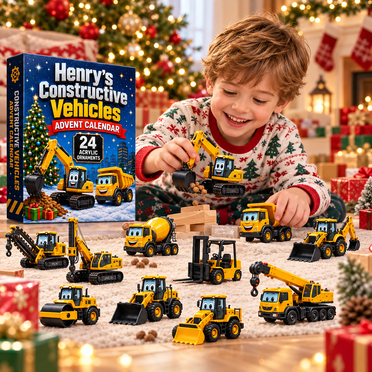 Personalized Construction Vehicles Advent Calendar With Custom Name, 24 Acrylic Vehicle Ornaments