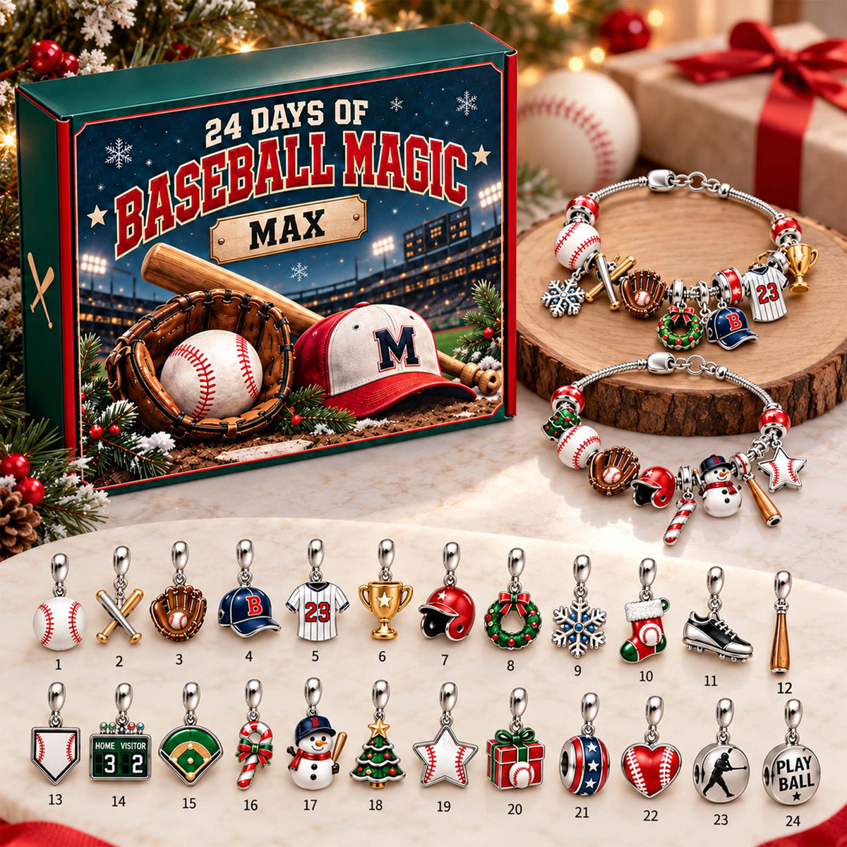 Personalized Baseball Christmas 24 Days Advent Calendar Bracelet Set With 24 Charms