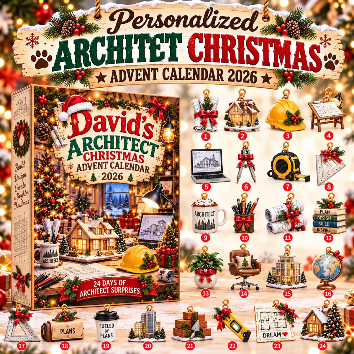Personalized Architect Christmas Advent Calendar 2026 – 24 Architecture Ornaments