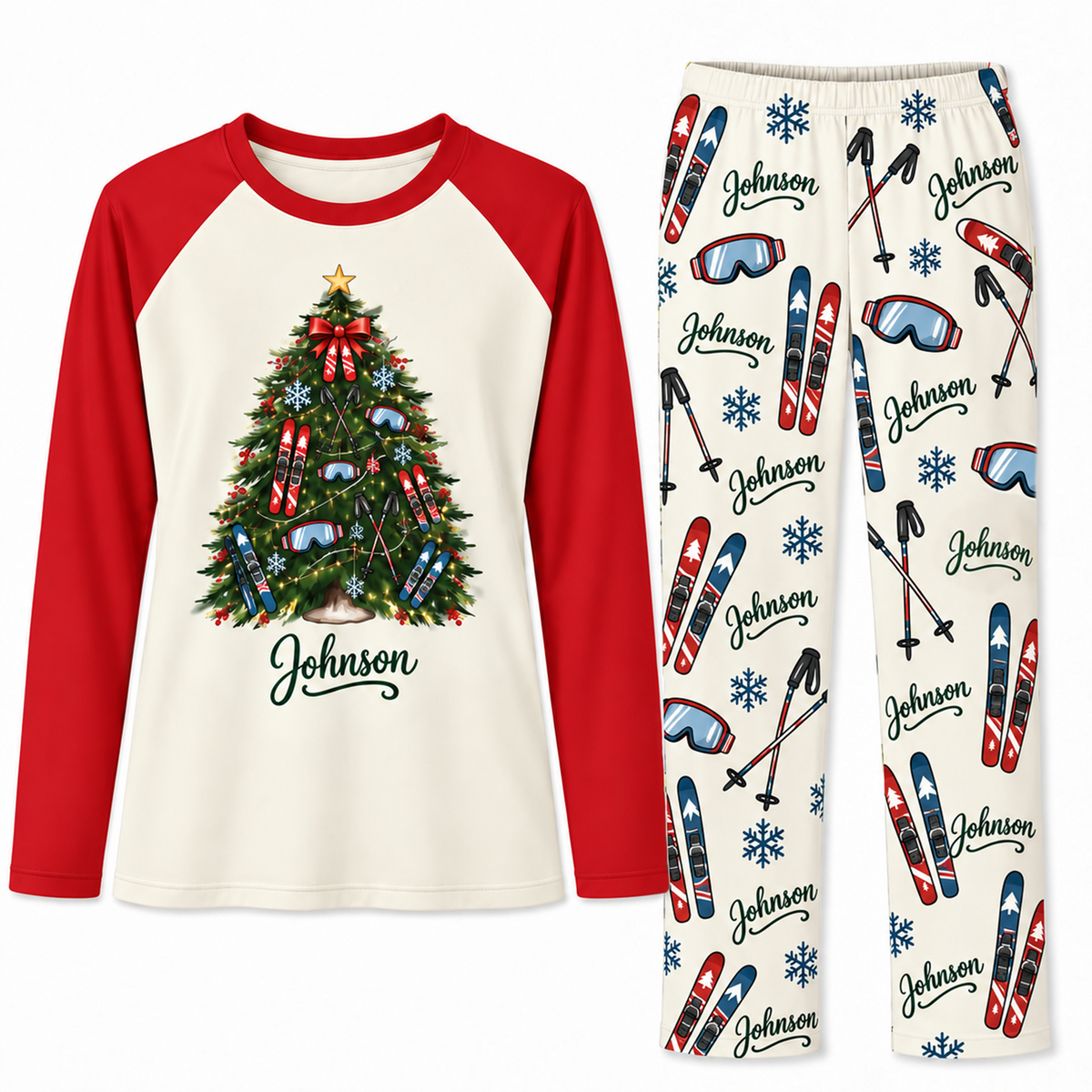 Personalized Family Name Skis & Snowflakes Christmas Tree Matching Pajamas