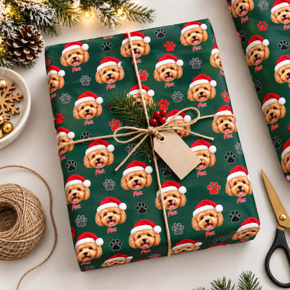 Personalized Pet Face Santa Hat & Name Christmas Wrapping Paper for Dog Lovers
