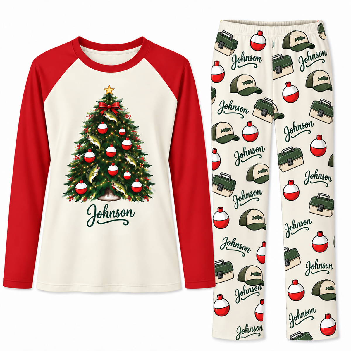 Custom Name Cute Fishing Christmas Tree Pajama Sets