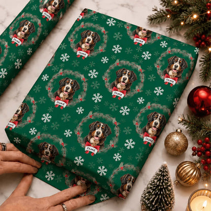 Personalized Pet Photo Christmas Wreath Plaid Wrapping Paper With Custom Name