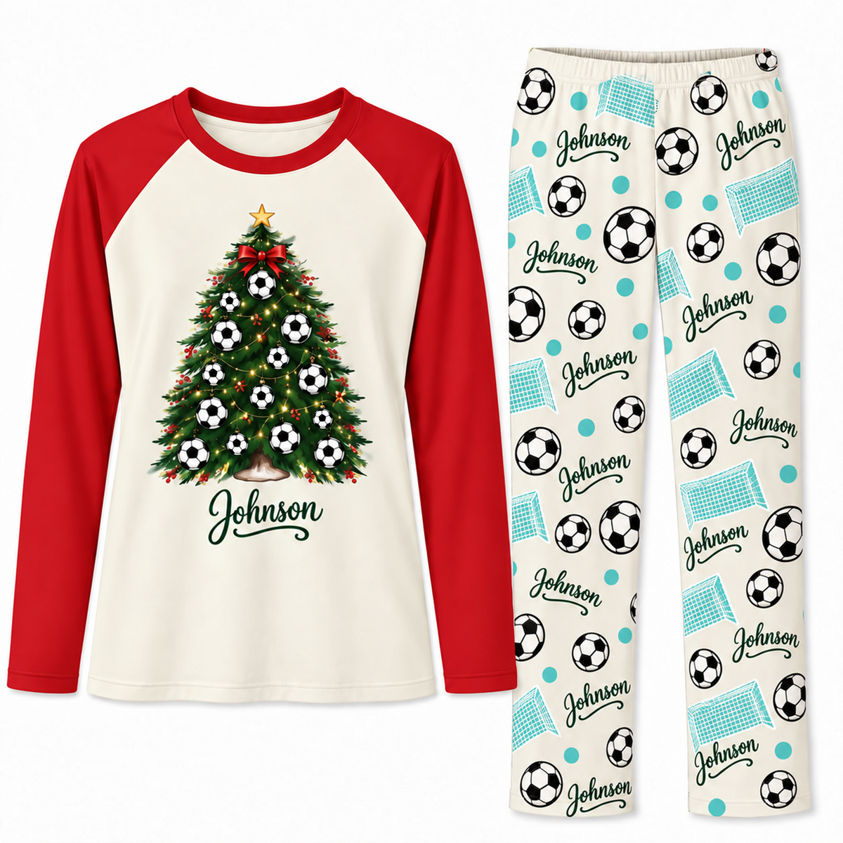 Custom Name Soccer Christmas Tree Matching Pajama Sets