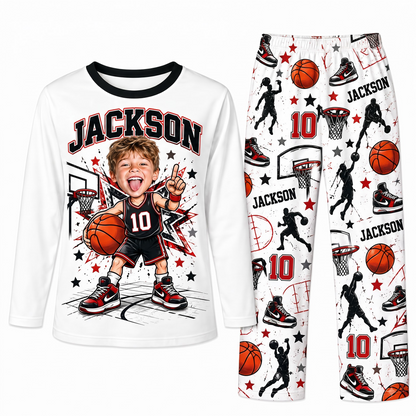 Custom Photo Name & Number Cute Basketball Player Matching Family Pajamas