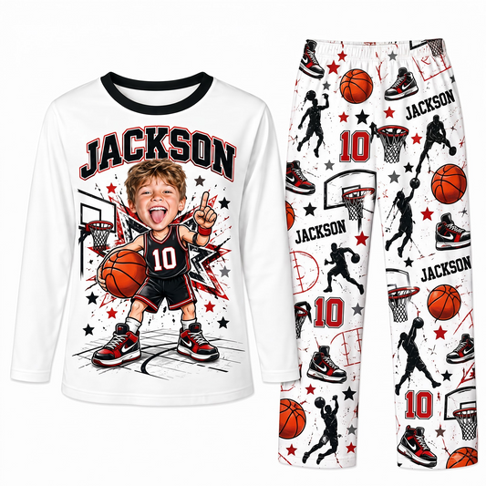 Custom Photo Name & Number Cute Basketball Player Matching Family Pajamas