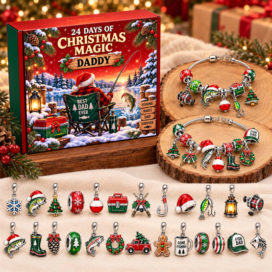 Personalized Best Dad Ever Fishing Christmas 24 Days Advent Calendar Bracelet Set With 24 Charms