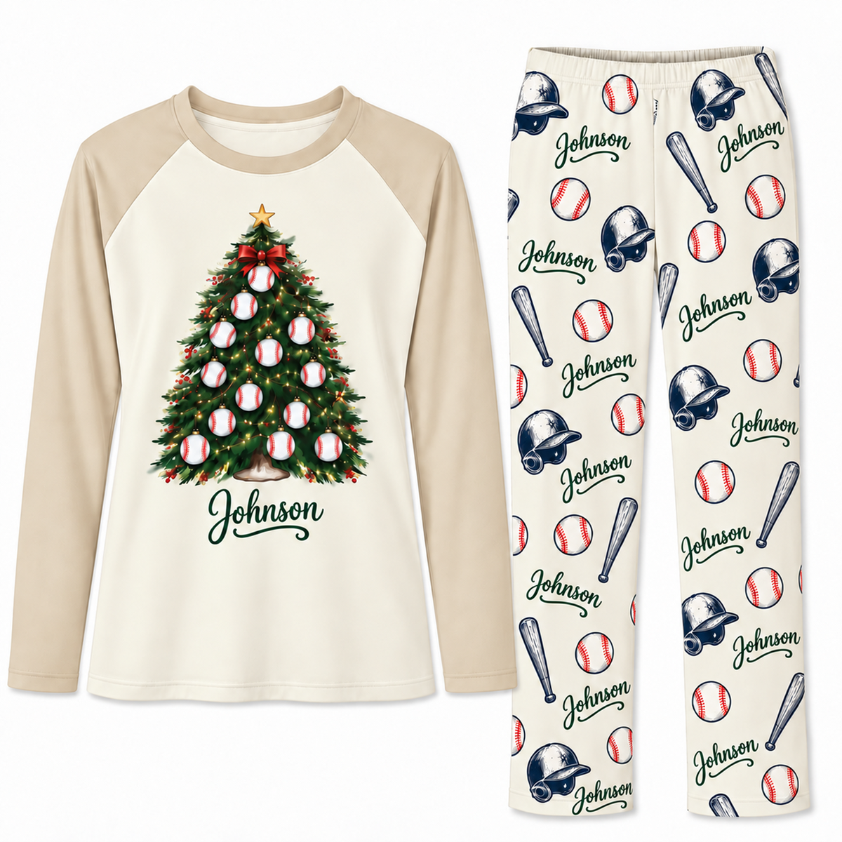 Personalized Name Festive Baseball Christmas Tree Matching Family Christmas Pajamas