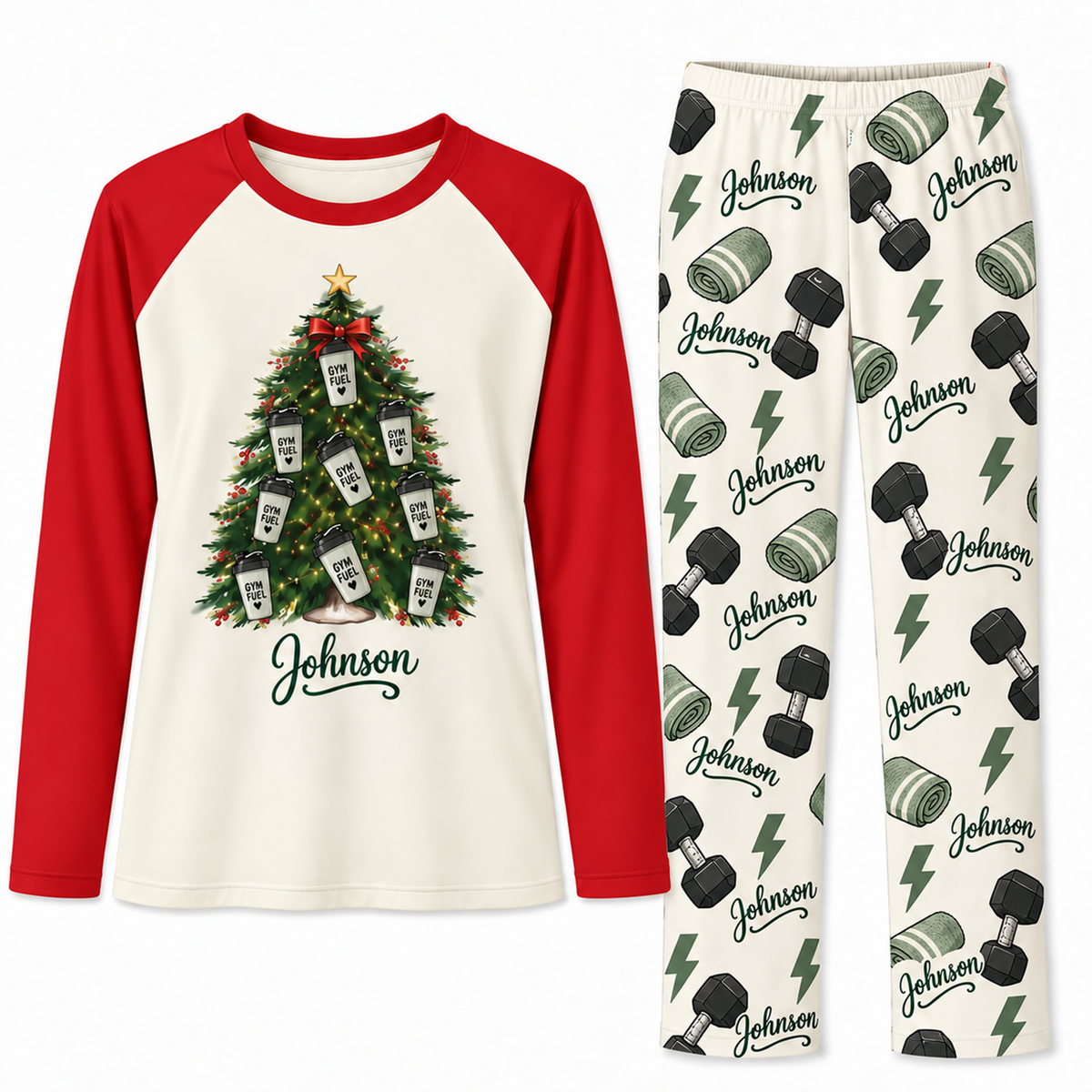 Personalized Name Gym Fuel Christmas Tree Matching Pajamas