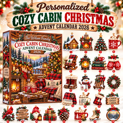 Personalized Cozy Cabin Christmas Advent Calendar 2026 – 24 Rustic Woodland Ornaments