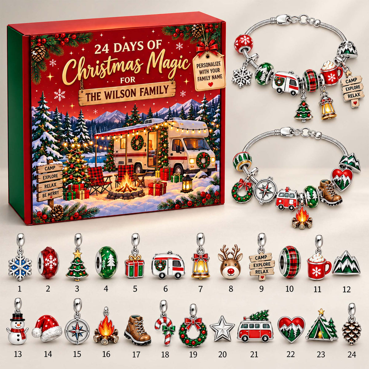 Personalized Family RV Camping Christmas 24 Days Advent Calendar Bracelet Set With 24 Charms