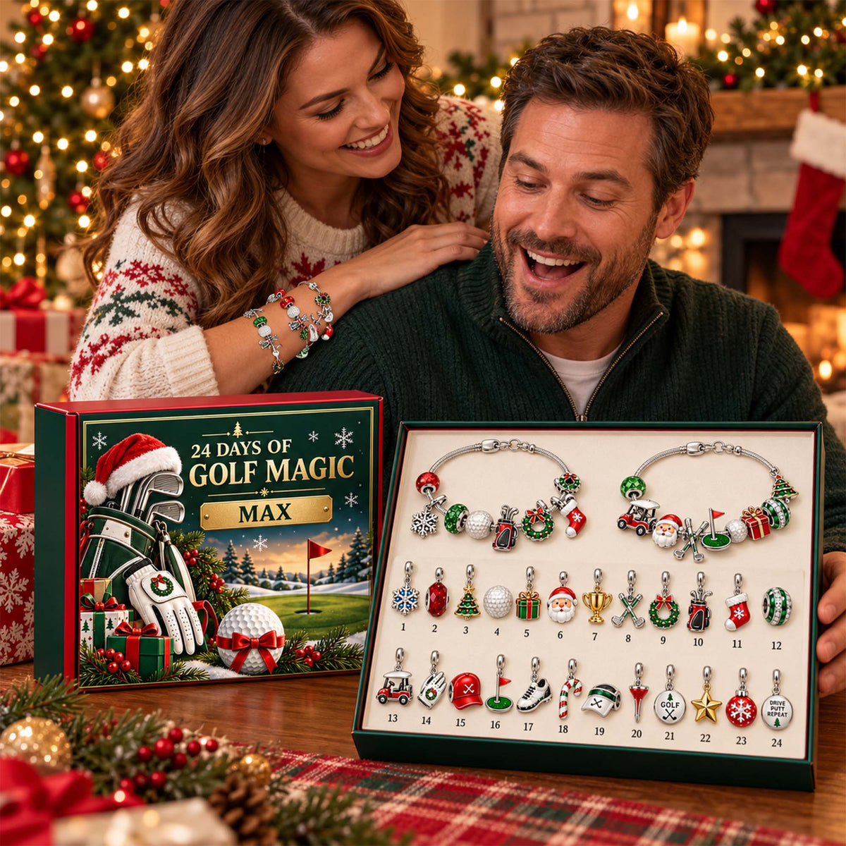 Personalized Golf Christmas 24 Days Advent Calendar Bracelet Set With 24 Charms
