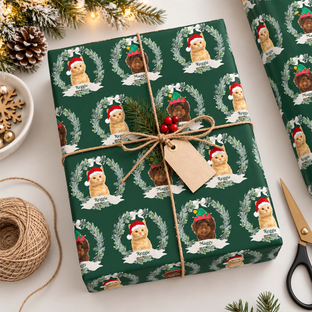 Personalized Pet Christmas Wreath Photo & Name Wrapping Paper for Dog and Cat Lovers