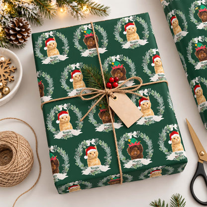 Personalized Pet Christmas Wreath Photo & Name Wrapping Paper for Dog and Cat Lovers