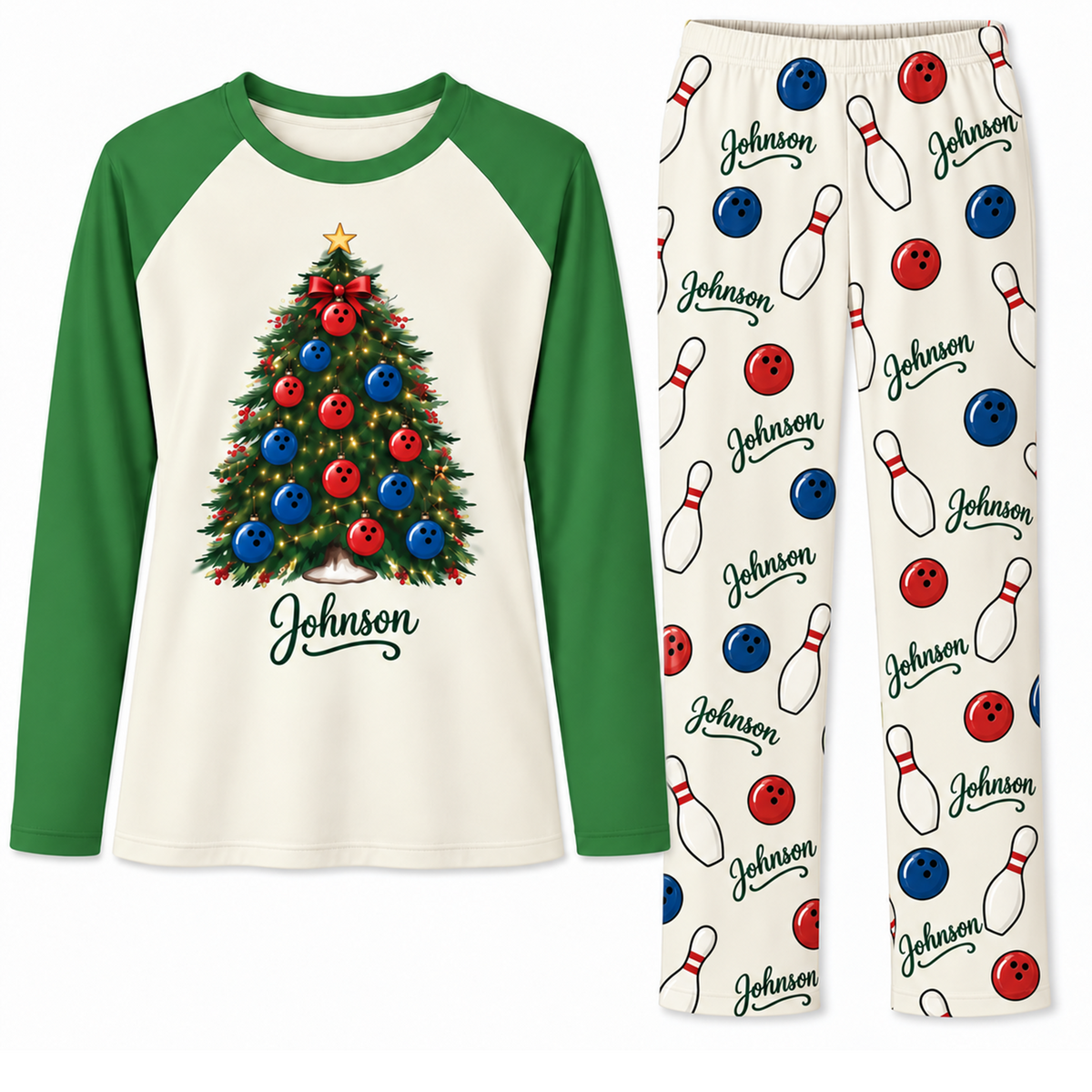 Personalized Name Festive Bowling Christmas Tree Family Pajama Sets