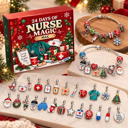 Personalized Nurse Christmas 24 Days Advent Calendar Bracelet Set With 24 Charms