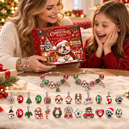 Personalized English Bulldog 24 Days Christmas Advent Calendar Bracelet Set With 24 Charms