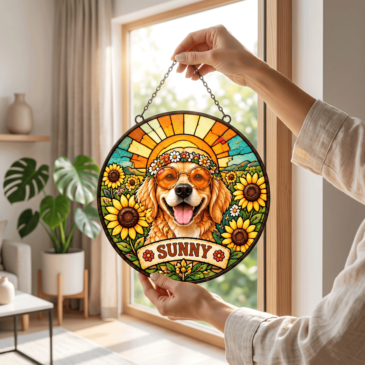 Personalized Hippie Pet Portrait Stained Glass Suncatcher – Custom Pet Name, Sunflower Boho Window Hanging Gift