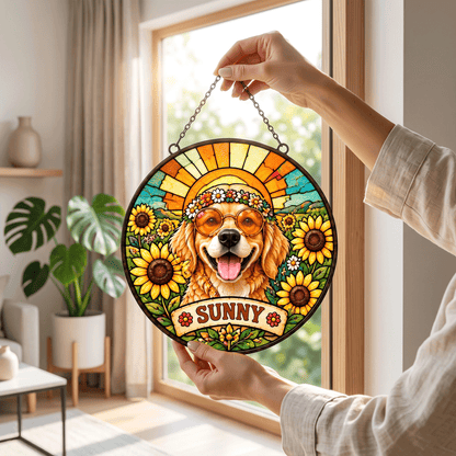 Personalized Hippie Pet Portrait Stained Glass Suncatcher – Custom Pet Name, Sunflower Boho Window Hanging Gift