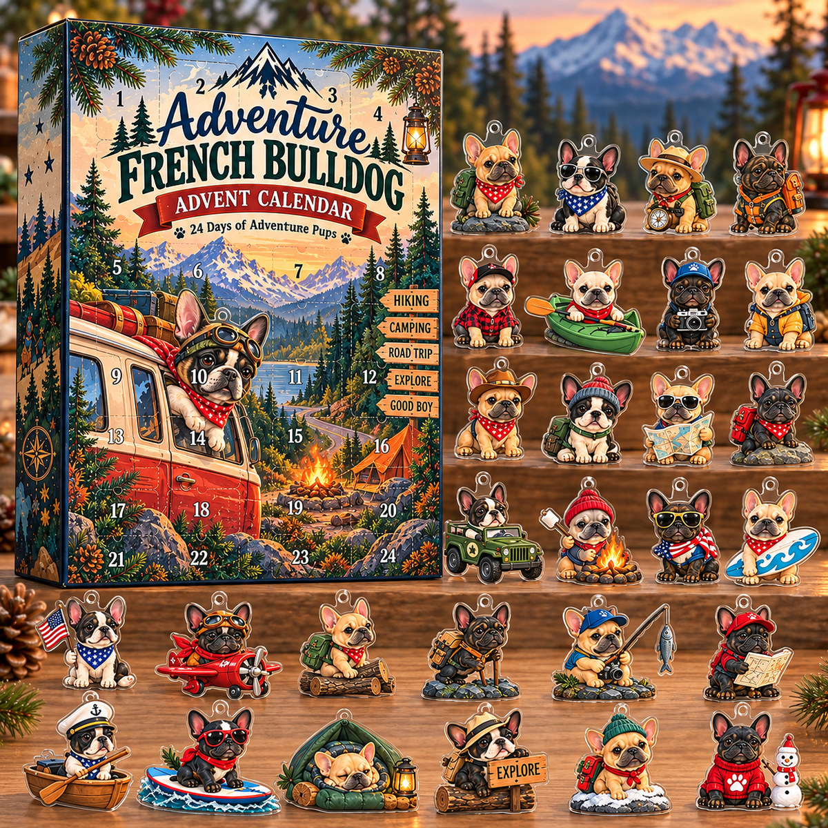 Adventure French Bulldog Advent Calendar 2026 – Outdoor Adventure 2D Acrylic Collectibles, Christmas Countdown Gift for Frenchie Lovers
